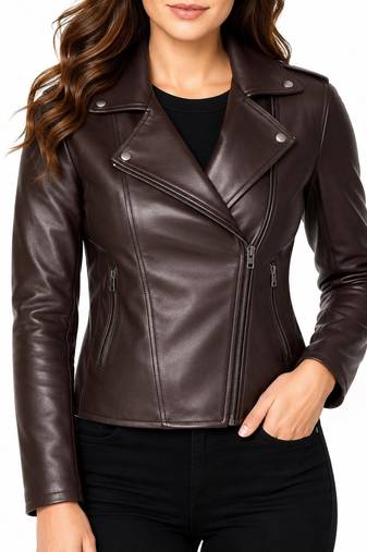 Women's dark brown moto leather jacket genuine lambskin jacket