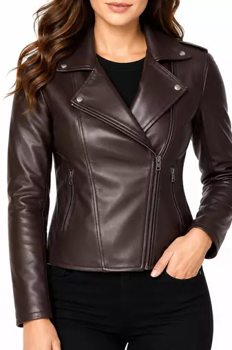 Women's dark brown moto leather jacket genuine lambskin jacket