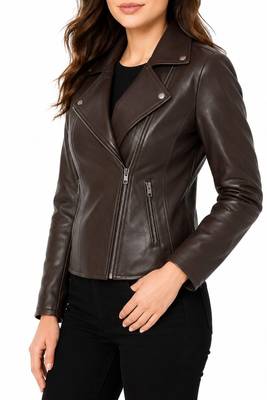 Women's dark brown moto leather jacket genuine lambskin jacket 2