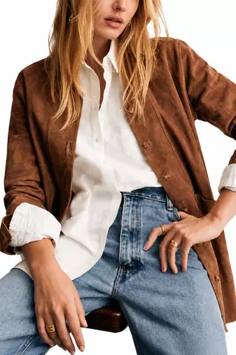 Women's brown genuine soft suede casual blazer jacket
