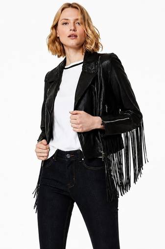 Women's black lambskin fringe leather jacket