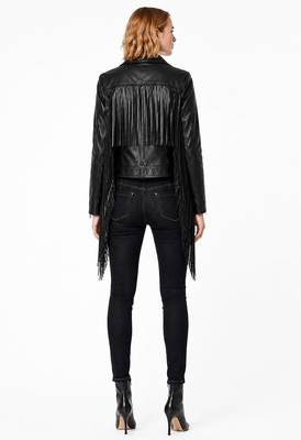 Women's black lambskin fringe leather jacket 2
