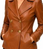 Women's tan lambskin double breasted leather blazer jacket