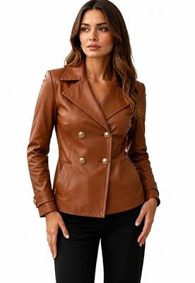 Women's tan lambskin double breasted leather blazer jacket 2