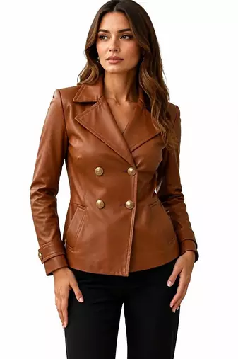 Women's tan lambskin double breasted leather blazer jacket