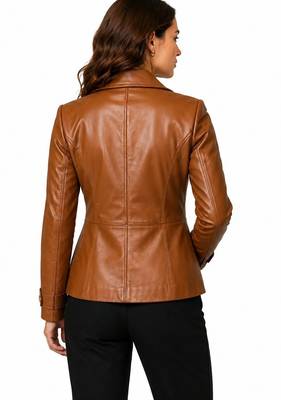 Women's tan lambskin double breasted leather blazer jacket 3