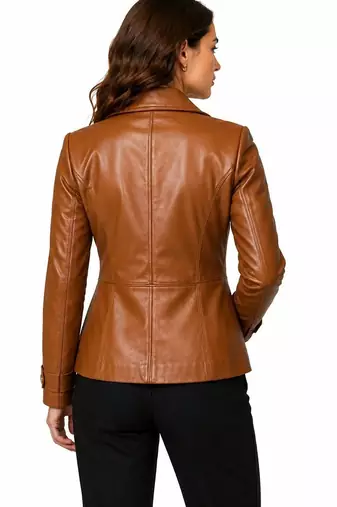 Women's tan lambskin double breasted leather blazer jacket
