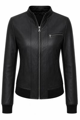 Women's black real genuine cafe racer leather jacket 1