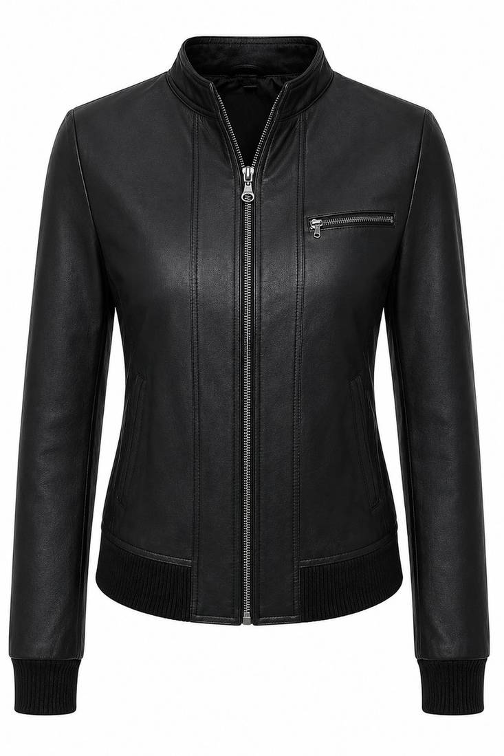Women's black real genuine cafe racer leather jacket
