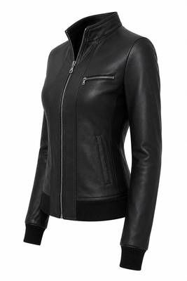 Women's black real genuine cafe racer leather jacket 3