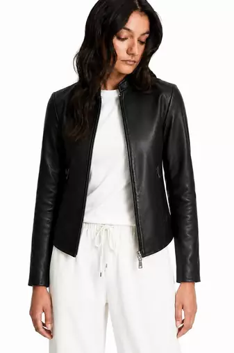 Women's black lambskin minimalist biker leather jacket