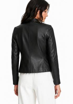Women's black lambskin minimalist biker leather jacket 2