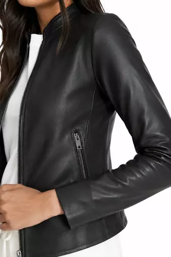 Women's black lambskin minimalist biker leather jacket