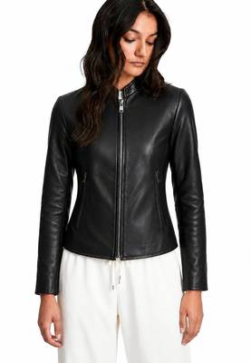 Women's black lambskin minimalist biker leather jacket 4