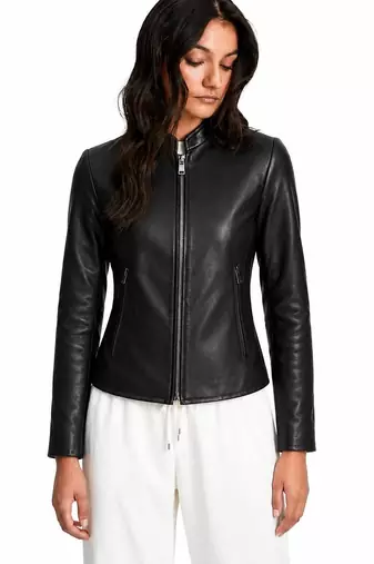 Women's black lambskin minimalist biker leather jacket