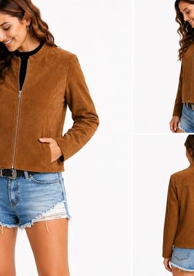Women's tan soft genuine suede zipper biker jacket 2