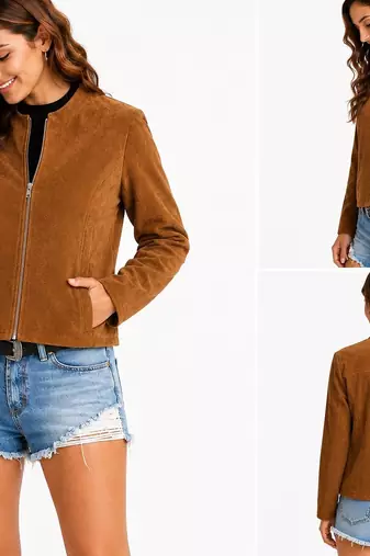 Women's tan soft genuine suede zipper biker jacket