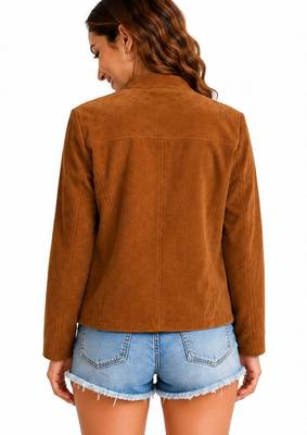 Women's tan soft genuine suede zipper biker jacket 3