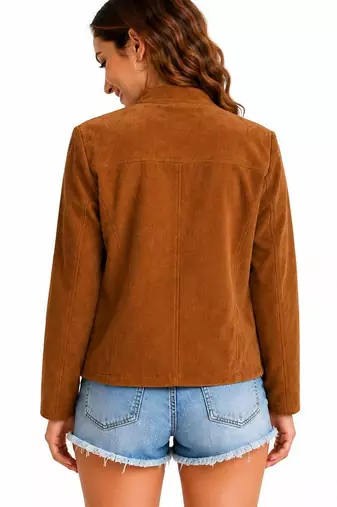 Women's tan soft genuine suede zipper biker jacket