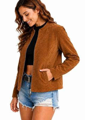 Women's tan soft genuine suede zipper biker jacket 4