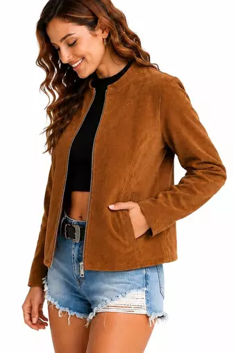 Women's tan soft genuine suede zipper biker jacket