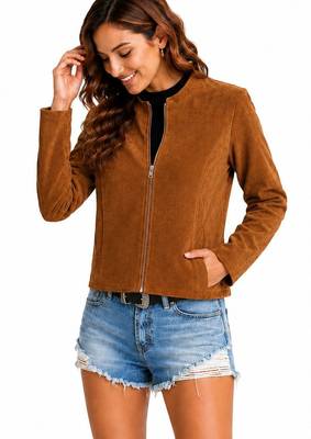 Women's tan soft genuine suede zipper biker jacket 1