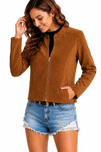 Women's tan soft genuine suede zipper biker jacket