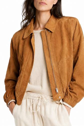 Women's camel soft genuine suede bomber biker jacket
