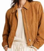 Women's camel soft genuine suede bomber biker jacket