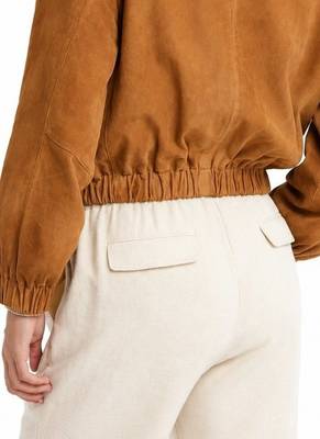Women's camel soft genuine suede bomber biker jacket 2