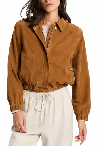 Women's camel soft genuine suede bomber biker jacket