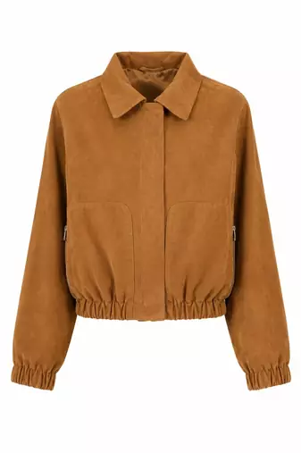 Women's camel soft genuine suede bomber biker jacket