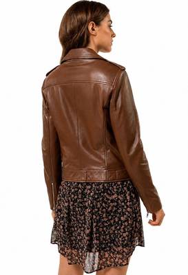 Women's genuine brown lambskin classic biker jacket 2