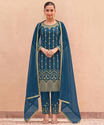 TEAL BLUE SILK BLEND PATIYALA SALWAR SUIT COLLECTION SEMI STTICHED MATERIAL 1