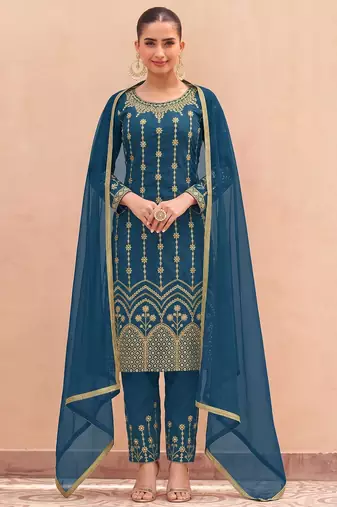 TEAL BLUE SILK BLEND PATIYALA SALWAR SUIT COLLECTION SEMI STTICHED MATERIAL