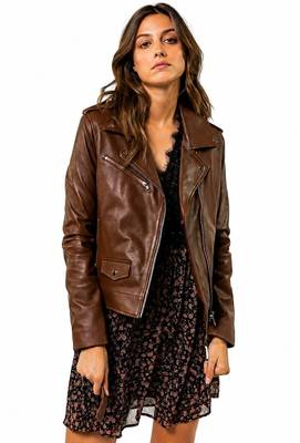 Women's genuine brown lambskin classic biker jacket 3
