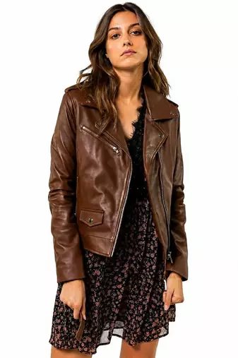 Women's genuine brown lambskin classic biker jacket
