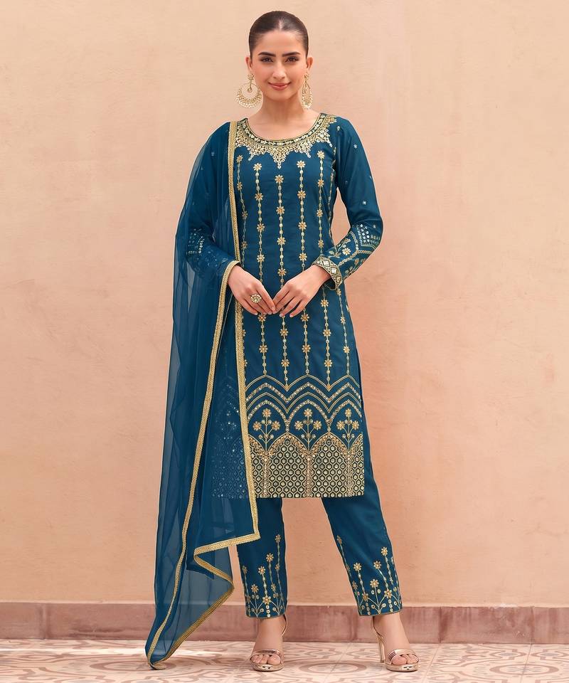TEAL BLUE SILK BLEND PATIYALA SALWAR SUIT COLLECTION SEMI STTICHED MATERIAL