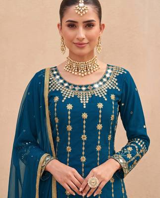 TEAL BLUE SILK BLEND PATIYALA SALWAR SUIT COLLECTION SEMI STTICHED MATERIAL 3