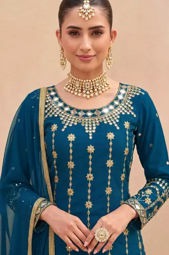 TEAL BLUE SILK BLEND PATIYALA SALWAR SUIT COLLECTION SEMI STTICHED MATERIAL