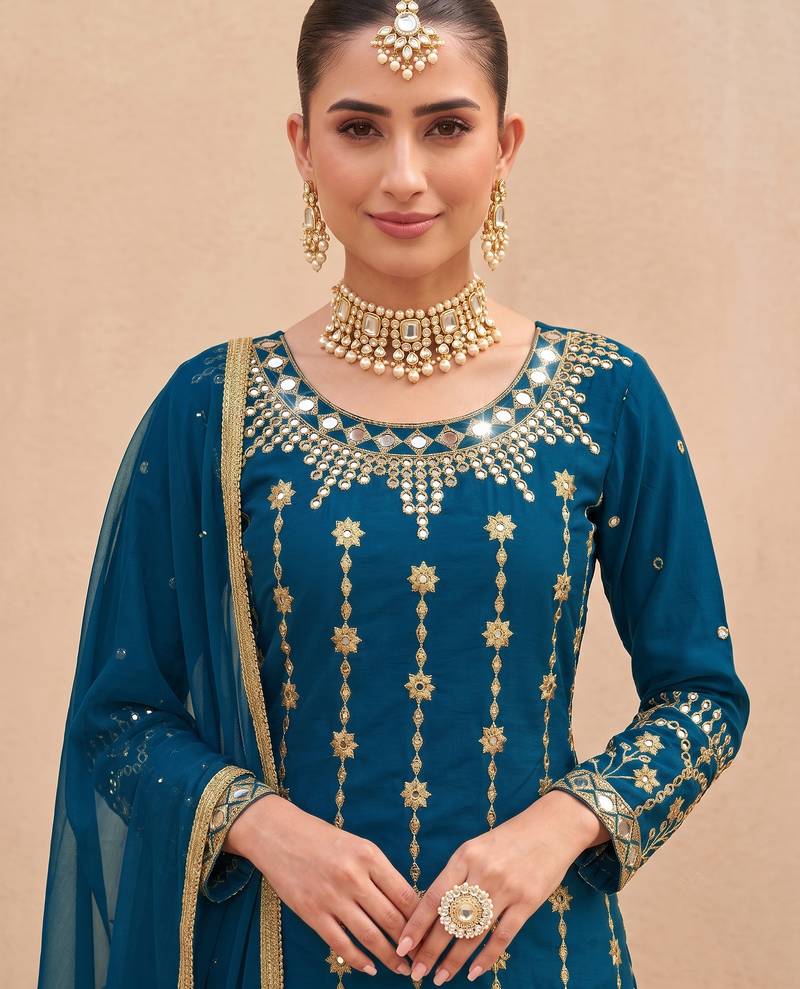 TEAL BLUE SILK BLEND PATIYALA SALWAR SUIT COLLECTION SEMI STTICHED MATERIAL