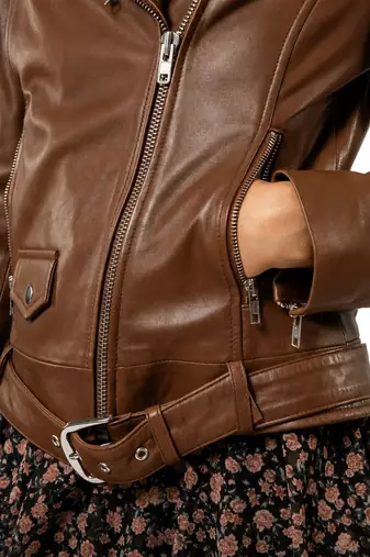 Women's genuine brown lambskin classic biker jacket