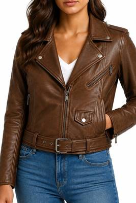 Women's genuine brown belted lambskin moto jacket 1