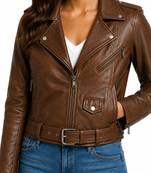 Women's genuine brown belted lambskin moto jacket