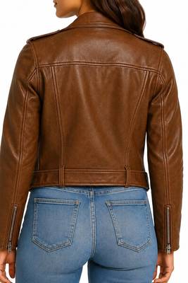 Women's genuine brown belted lambskin moto jacket 2