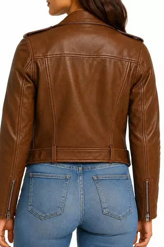 Women's genuine brown belted lambskin moto jacket