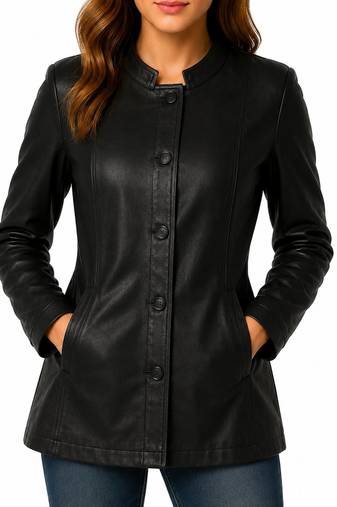 Women's black button genuine leather biker coat jacket