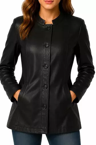 Women's black button genuine leather biker coat jacket