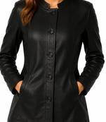 Women's black button genuine leather biker coat jacket