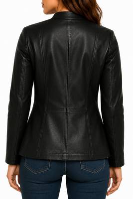 Women's black button genuine leather biker coat jacket 2